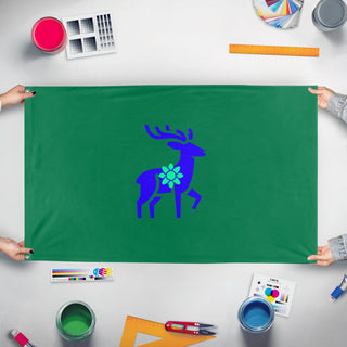 A mockup of the custom flag 'Nature flag' held up on a table during print checking