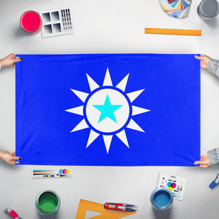 A mockup of the custom flag 'New Taiwanese  flag' held up on a table during print checking