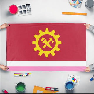 A mockup of the custom flag 'Newfoundlandsyn flag' held up on a table during print checking