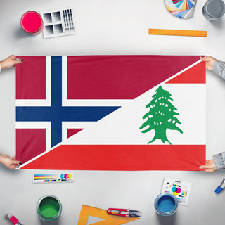 A mockup of the custom flag 'Norway-Lebanon Friendship flag' held up on a table during print checking