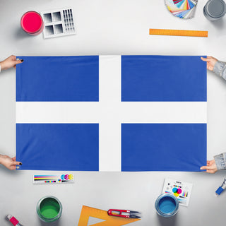 A mockup of the custom flag 'Old Greek Flag' held up on a table during print checking