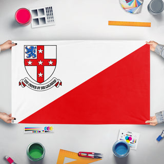 A mockup of the custom flag 'Order of Sir Galahad flag' held up on a table during print checking