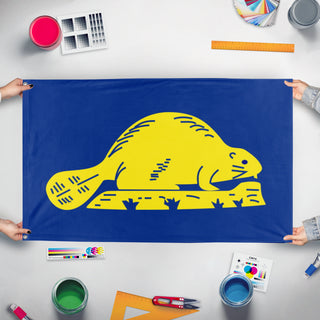 A mockup of the custom flag 'Oregon Beaver flag' held up on a table during print checking