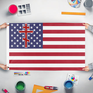 A mockup of the custom flag 'Orthodox American flag' held up on a table during print checking