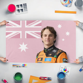 A mockup of the custom flag 'Oscar flag' held up on a table during print checking