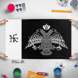 A mockup of the custom flag 'Palaiologos flag' held up on a table during print checking