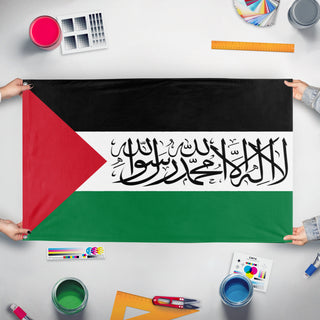 A mockup of the custom flag 'Palestine Shahada flag' held up on a table during print checking
