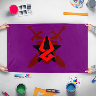 A mockup of the custom flag 'Pit of Fire flag' held up on a table during print checking