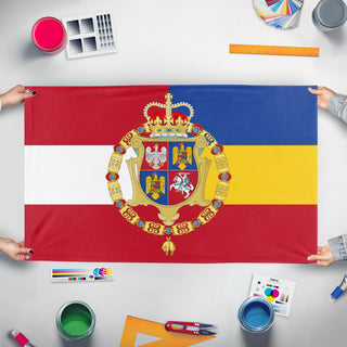 A mockup of the custom flag 'Poland-Lithuanian-Romanian Commonwealth flag' held up on a table during print checking