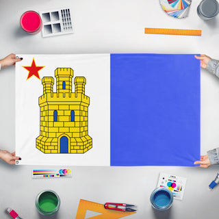 A mockup of the custom flag 'Porto Dourado Remaster flag' held up on a table during print checking