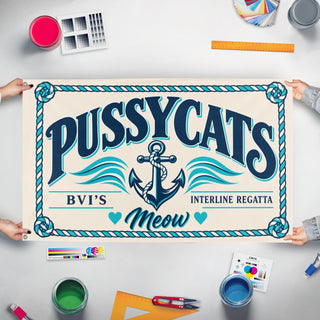 A mockup of the custom flag 'Pussycats Regatta flag' held up on a table during print checking