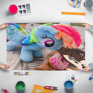A mockup of the custom flag 'RainbowEatingDount' held up on a table during print checking