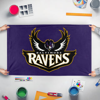 A mockup of the custom flag 'Ravens 2000s Flag' held up on a table during print checking