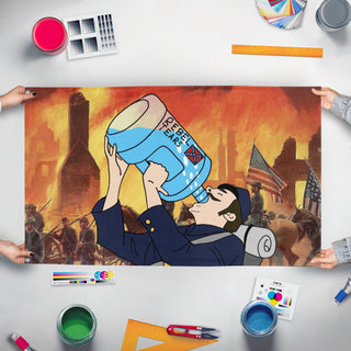 A mockup of the custom flag 'Rebel Tears flag' held up on a table during print checking