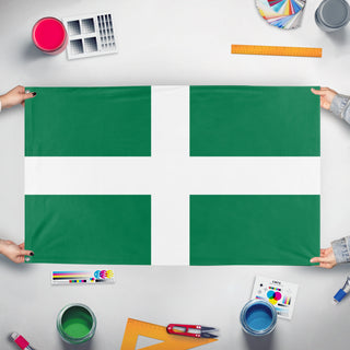 A mockup of the custom flag 'Republic Of Soup flag' held up on a table during print checking