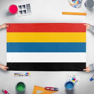 A mockup of the custom flag 'Republic of China 1912-1928 flag' held up on a table during print checking