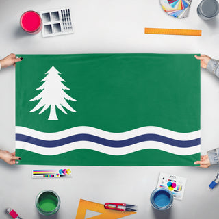 A mockup of the custom flag 'Republic of Noraland flag' held up on a table during print checking