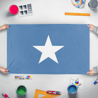 A mockup of the custom flag 'Republic of West Florida Flag' held up on a table during print checking