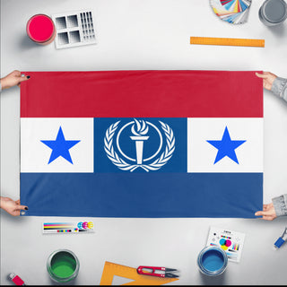 A mockup of the custom flag 'Republic of the fatherland flag' held up on a table during print checking