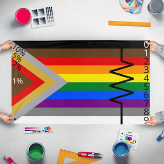 A mockup of the custom flag 'ResistorPride flag' held up on a table during print checking