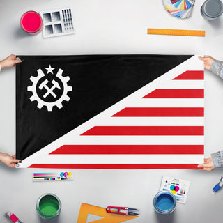 A mockup of the custom flag 'Revolutionary States flag' held up on a table during print checking