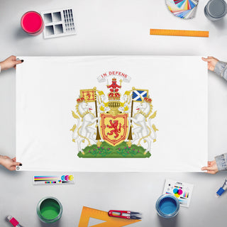 A mockup of the custom flag 'Royal Coat of Arms of the Kingdom of Scotland flag' held up on a table during print checking