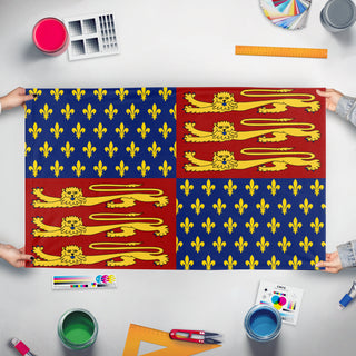 A mockup of the custom flag 'Royal Standard of England flag' held up on a table during print checking