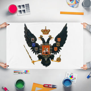 A mockup of the custom flag 'Russian Empire 1835 flag' held up on a table during print checking