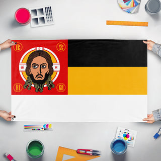 A mockup of the custom flag 'Russian Holy State flag' held up on a table during print checking