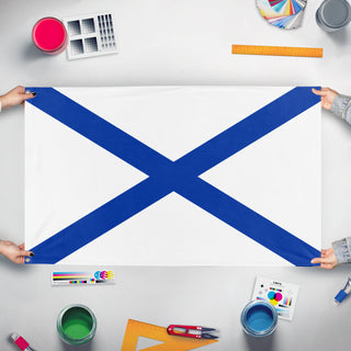 A mockup of the custom flag 'Russian Navy Flag' held up on a table during print checking