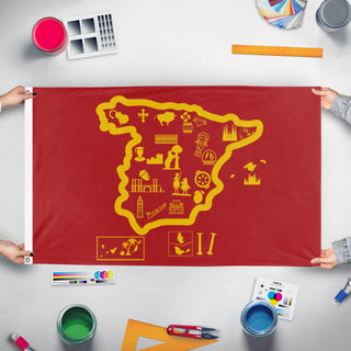 A mockup of the custom flag 'SP2 flag' held up on a table during print checking