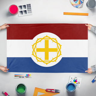A mockup of the custom flag 'Sacra Corona Batavia flag' held up on a table during print checking