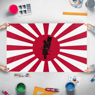 A mockup of the custom flag 'Samurai Flag' held up on a table during print checking
