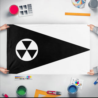 A mockup of the custom flag 'Sapal flag' held up on a table during print checking