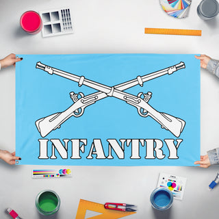 A mockup of the custom flag 'Sky Blue U.S Army Infantry Branch flag' held up on a table during print checking