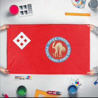 A mockup of the custom flag 'Social-Georgism flag' held up on a table during print checking