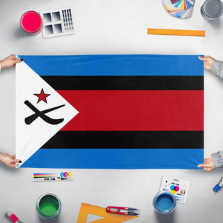 A mockup of the custom flag 'Socialist Nicaragua Flag' held up on a table during print checking