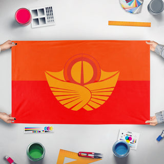 A mockup of the custom flag 'Solar Empire flag' held up on a table during print checking