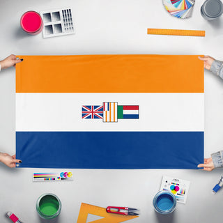 A mockup of the custom flag 'South-African Dominion Flag' held up on a table during print checking