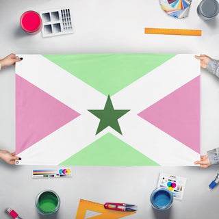 A mockup of the custom flag 'Star Saltire flag' held up on a table during print checking