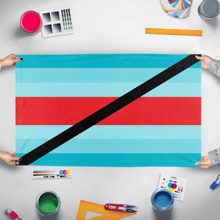 A mockup of the custom flag 'Substance Use Pride Flag' held up on a table during print checking
