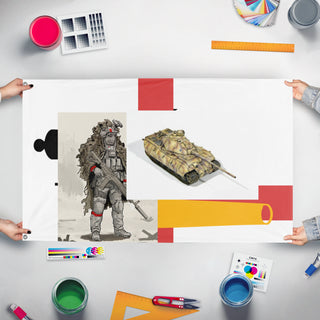 A mockup of the custom flag 'T flag' held up on a table during print checking