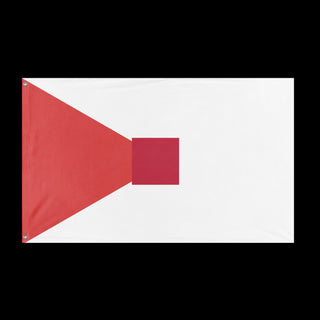 A mockup of the custom flag 'T flag' held up on a table during print checking