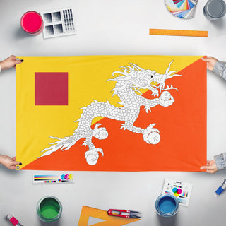 A mockup of the custom flag 'T flag' held up on a table during print checking