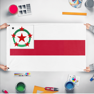 A mockup of the custom flag 'Tablazian Republic flag' held up on a table during print checking