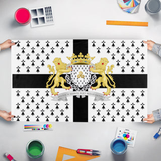A mockup of the custom flag 'The Ducal Flag of Brittany' held up on a table during print checking