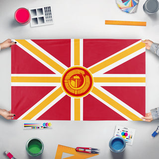 A mockup of the custom flag 'The United Republics of Britain flag' held up on a table during print checking