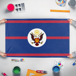 A mockup of the custom flag 'The United republics Of America flag' held up on a table during print checking