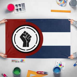 A mockup of the custom flag 'Thrawn's Empire flag' held up on a table during print checking