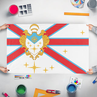 A mockup of the custom flag 'Treasure Island flag' held up on a table during print checking